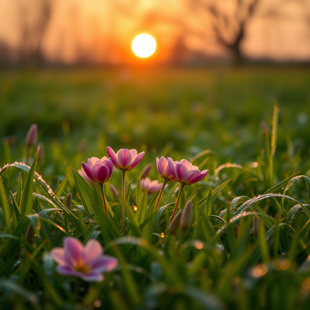 A BEAUTIFUL SPRING LANDSCAPE AT SUNRISE WITH THE IMAGE OF CLOTHES, THE FLOWERS IN THE GRASS AND WITH WAVES OF MORNING DEW.