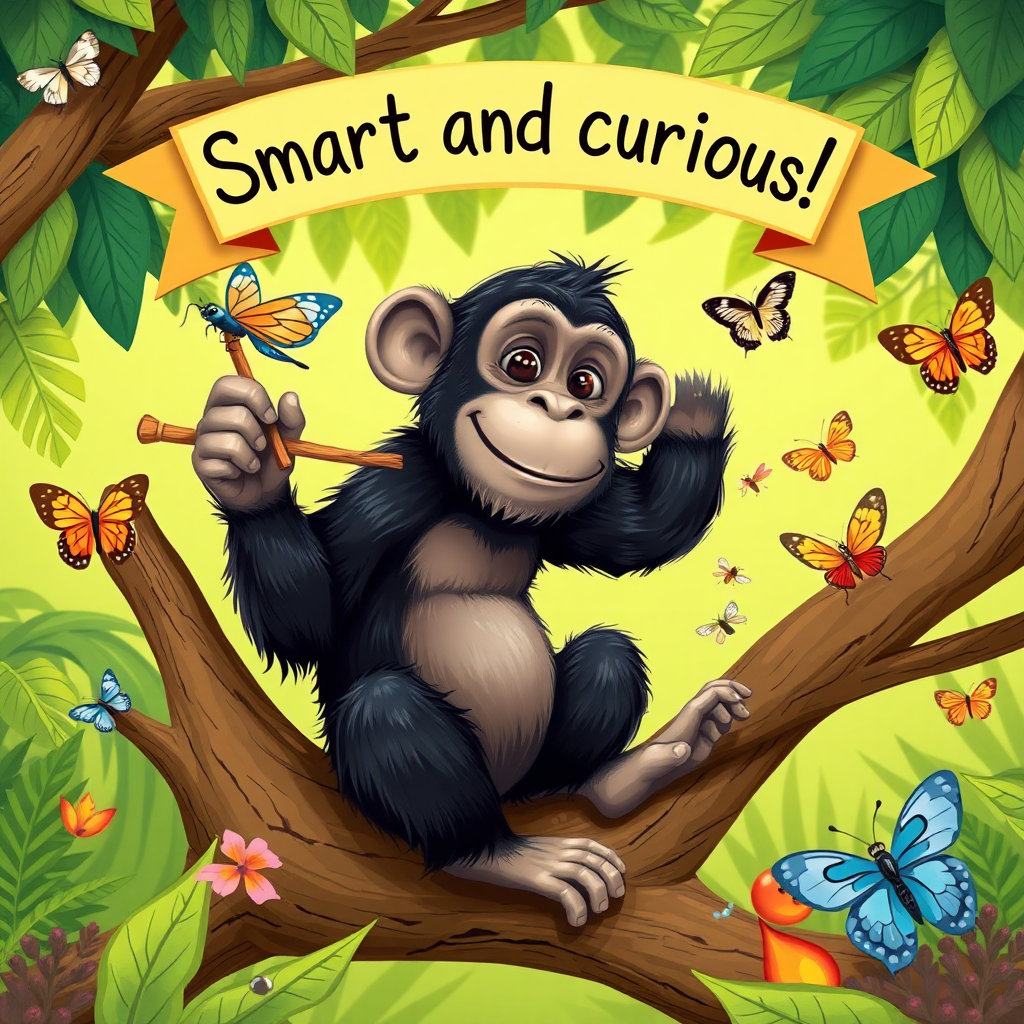 A whimsical scene of a playful chimpanzee sitting on a tree, using a stick to catch insects, surrounded by colorful butterflies and other jungle creatures, with a banner above its head that reads: "Smart and curious!"