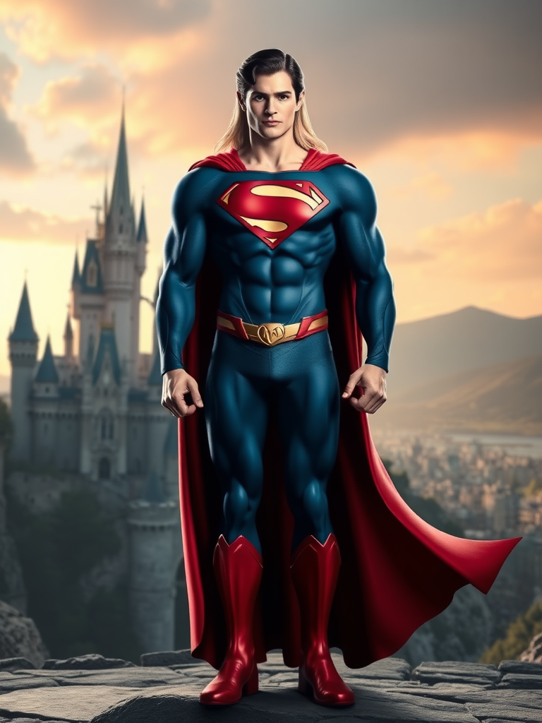 prompt: Generate a full-length image of Princess Aurora with the body type of Superman, while keeping her head intact. Make modifications to her body traits, such as enhancing her muscular structure, to match Superman's physique. Additionally, create an appropriate background that suits both characters, such as a blend of a fairytale castle and a futuristic cityscape. Please ensure the image is detailed, well-lit, and visually appealing.