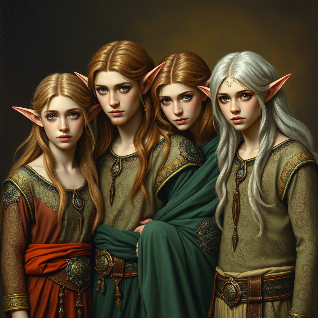 A painting in the style of Romanticism depicting a couple of adult elves with their two teenage sons, all in beautiful elven garments with intricate patterns. photorealistic, ultra high resolution, 16K