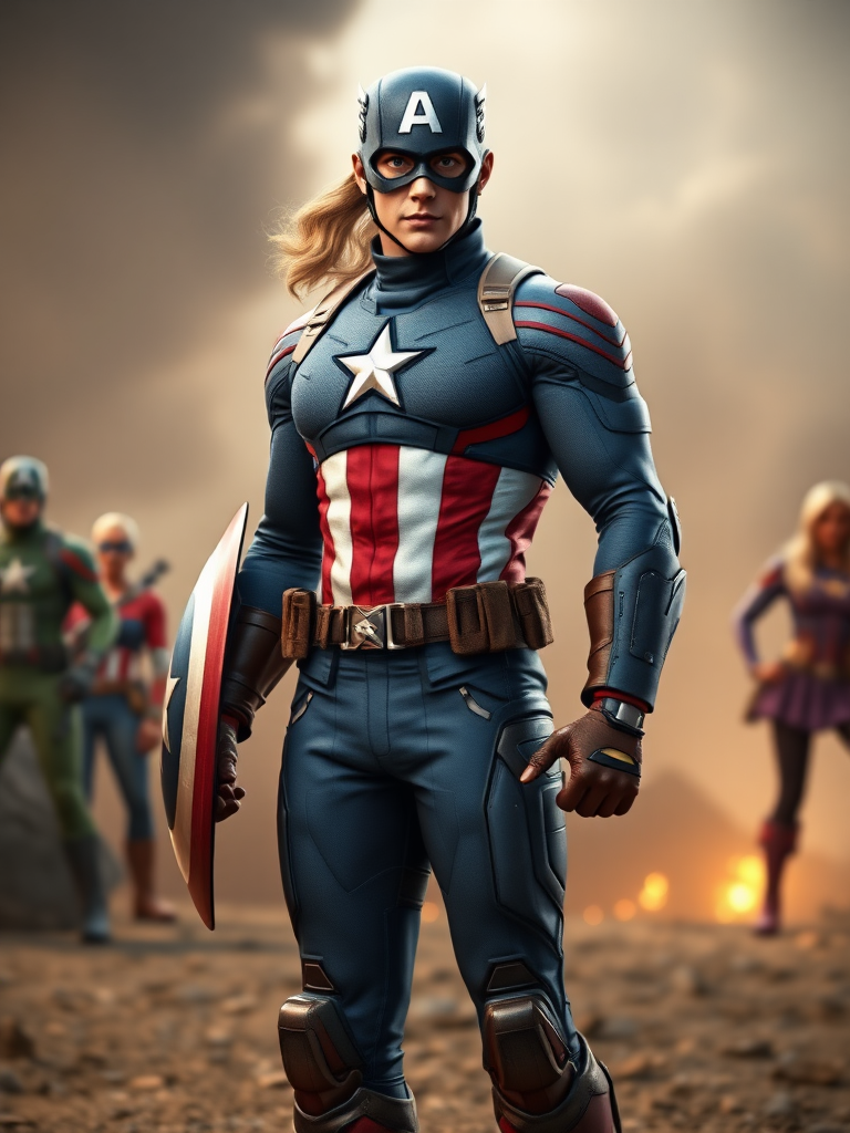 Create a hyper-realistic full-length render of Captain America featuring the body type of Power Girl. Maintain the original head while modifying the silhouette to reflect Power Girl's physique. Position the character in a background that harmoniously blends elements relevant to both characters, capturing their heroic essence. Focus on details such as costume textures, lighting, and shadows to enhance realism, ensuring the final image showcases both strength and personality.