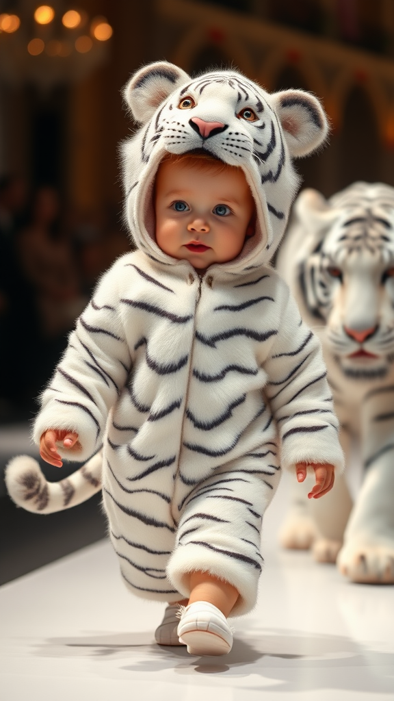 A cute small chubby fair baby with big eyes, pink lips, and pink cheeks, wearing a furry cozy white tiger costume, doing a ramp walk in a fashion show while walking with a real white tiger in a cinematic style.