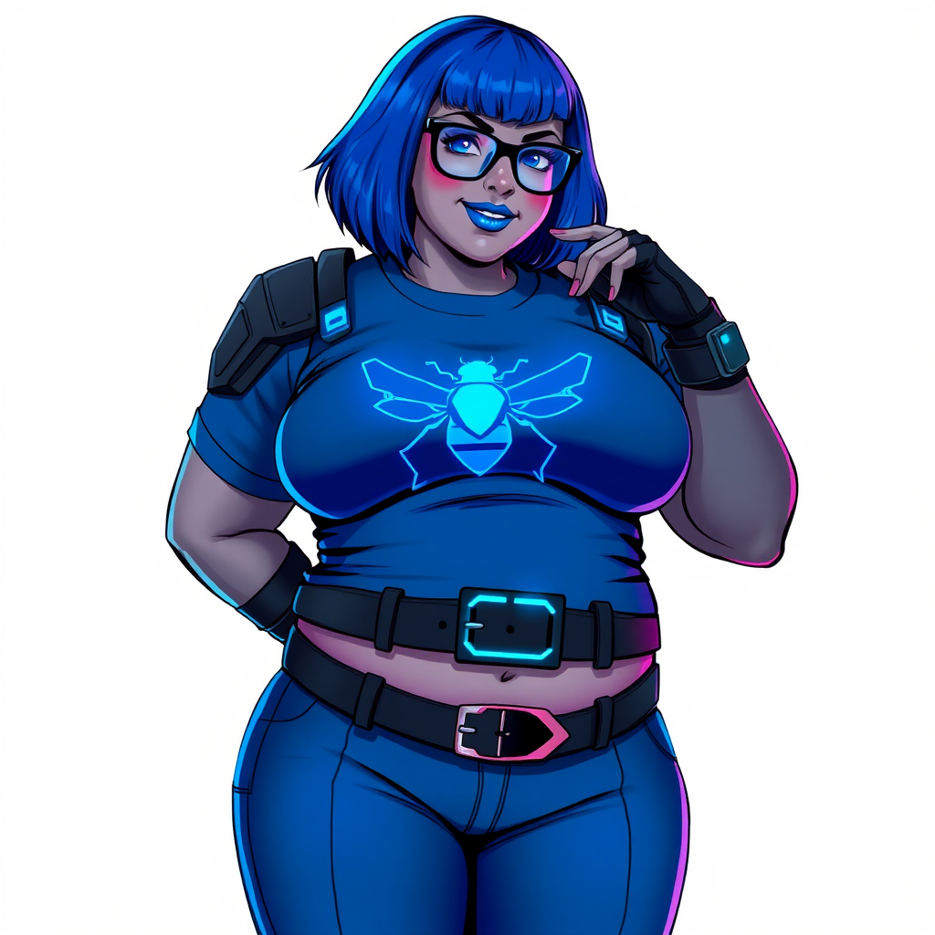 A 28-year-old, full-figured, computer program hybrid with a maximum blue bob cut and metal middle gray skin. She has a non-athletic, full-figured build, highlighted by a prominent, round, large midsection (with full emphasis on her large belly). As the full-figured, nerdy, digital sidekick to her cyberpunk vigilante boyfriend, her metallic middle gray skin and maximum blue lipstick emphasize her digital nature. She wears a digital, computerized costume inspired by DC’s Carrie Kelly Robin, consisting of a huge, tight-fitting, maximum blue t-shirt with a neon blue glowing chest icon of a beetle, hi-tech shoulder pads with neon blue accents, a black hi-tech belt with a digital neon blue glowing buckle, digital maximum blue pants with neon blue accents, and black hi-tech fingerless biker gloves with neon blue glowing accents. Her bright blue eyes, black eyeglasses with glowing neon blue lenses with a built-in HUD, and shy smile with neon red blush accentuate her nerdiness. She stands bashfully with one hand behind her back and the other hand gently touching her cheek, her costume covering all her skin and emphasizing her full-figured physique (especially her belly). She is clearly non-athletic, with a heavy focus on her large belly. Despite her build, she radiates beauty. She has a slim face compared to her physique, accentuating her radiant beauty. She is on a solid white background. She is drawn as if she were in a retro 2D cyberpunk fighting game. Her full figure is on full display and fully emphasized.