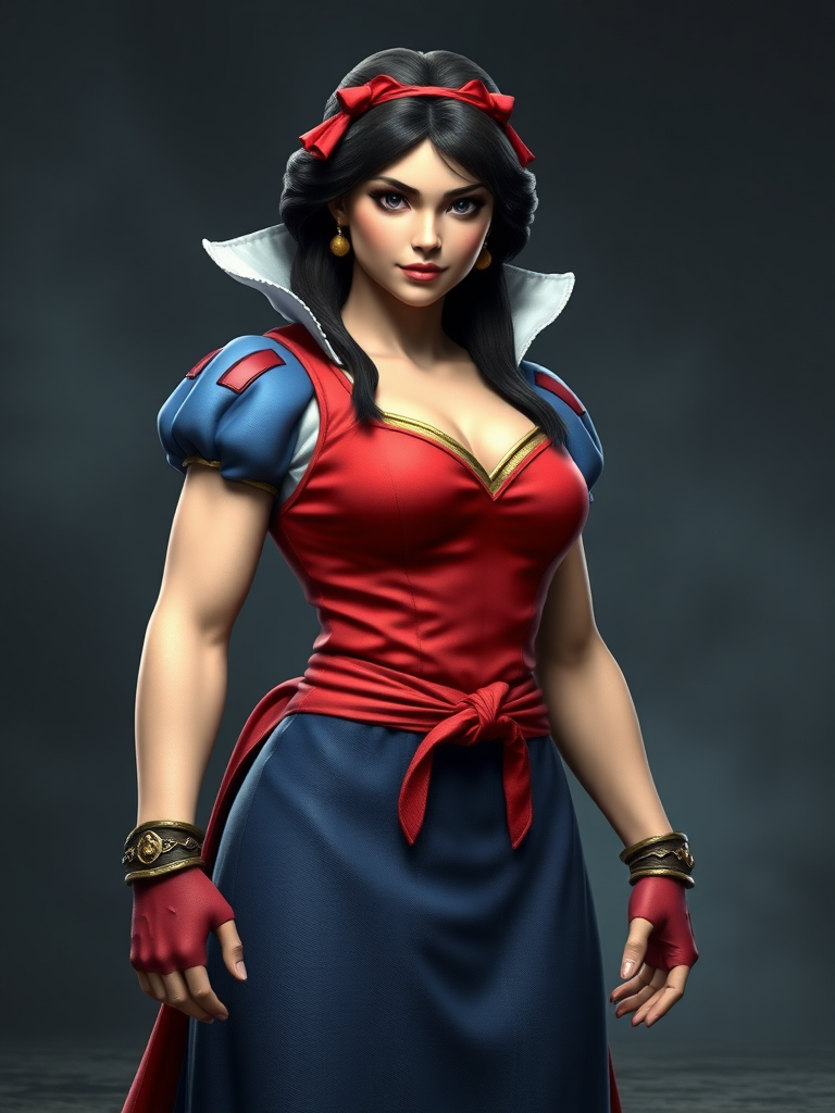 Generate a full-length hyper-realistic render of Snow White featuring the body type of Ryu from Street Fighter. Retain Snow White's head and facial features while transforming her body structure and silhouette to reflect Ryu's muscular male physique. Modify Snow White's traditional costume to fit Ryu’s body type appropriately, ensuring it maintains her fairy tale essence. Create a background that seamlessly blends elements from both characters, providing an appropriate setting that complements their unique features and styles. The overall image should emphasize realism and detail in both character design and the environment.