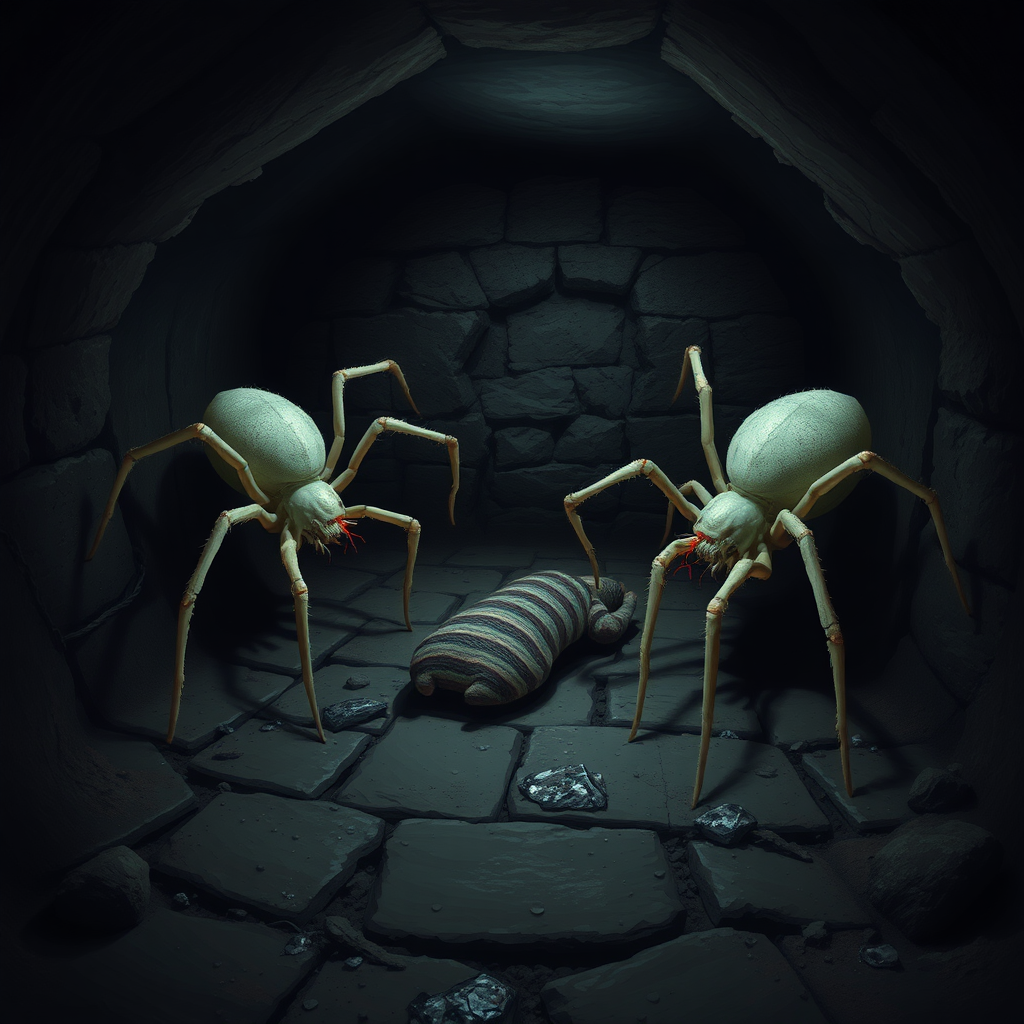 A dark basement medieval cellar with two large white spiders with red highlights crawling around and a cocooned human body in the center of the floor.