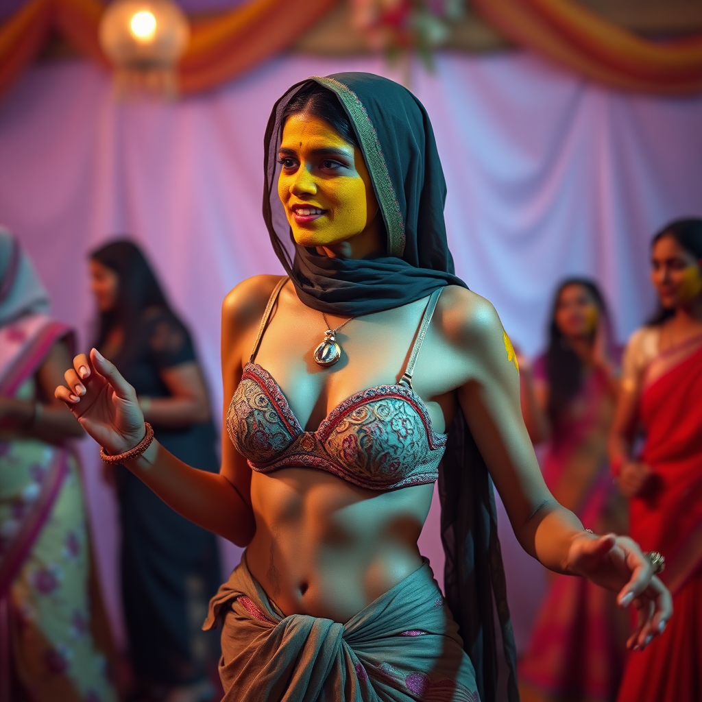 A skinny, traditional, 30 year old Indian wife with hijab, wearing a bra and skirt. Her face is covered with turmeric face mask. She is dancing in a party.