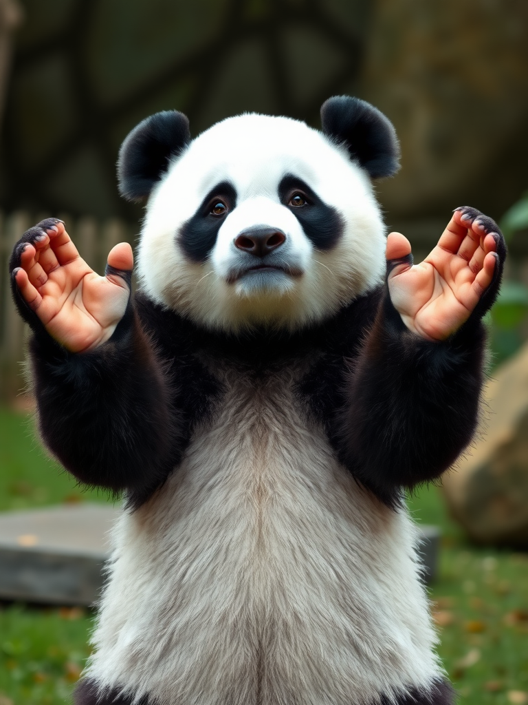 A picture of a panda bear raising his hands, shrugging. As to indicate that he does not know the answer to a question being asked him.