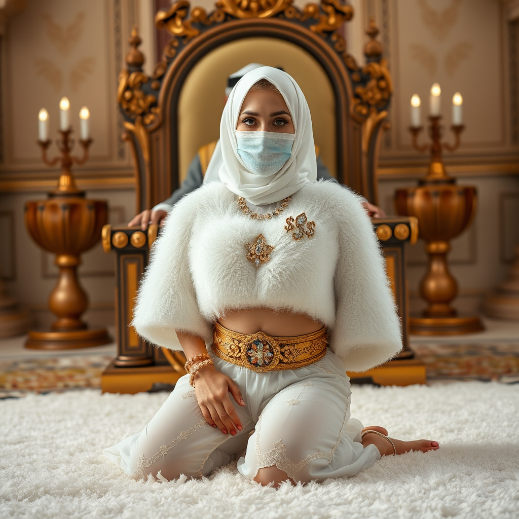 Kuwait desert palace throne room, old overweight mighty sheik sitting on throne. In front of throne, kneeling on white fluffy carpet: Melissa, European 17 years old very convincing femboy “trophy-bimbo”, tamed servile docile, rather short, by hormones very curvaceous womanly figured, platinum blond short tight curls, heavily made-up eyes, wearing Supertanya-style fluffy very fuzzy bright white angora turtleneck-poncho cropped ending under bust decorated with pearls and gemstones, striking oriental wide gold bridal protection belt, white fully transparent harem pants, full Oriental bridal jewelry, face covered by white sheer full Burka, coin anklets, striking diamond “$$$” letter brooch on left chest, pout frustrated, hands tied behind back, looking at camera. Focus on face and turtleneck-poncho.