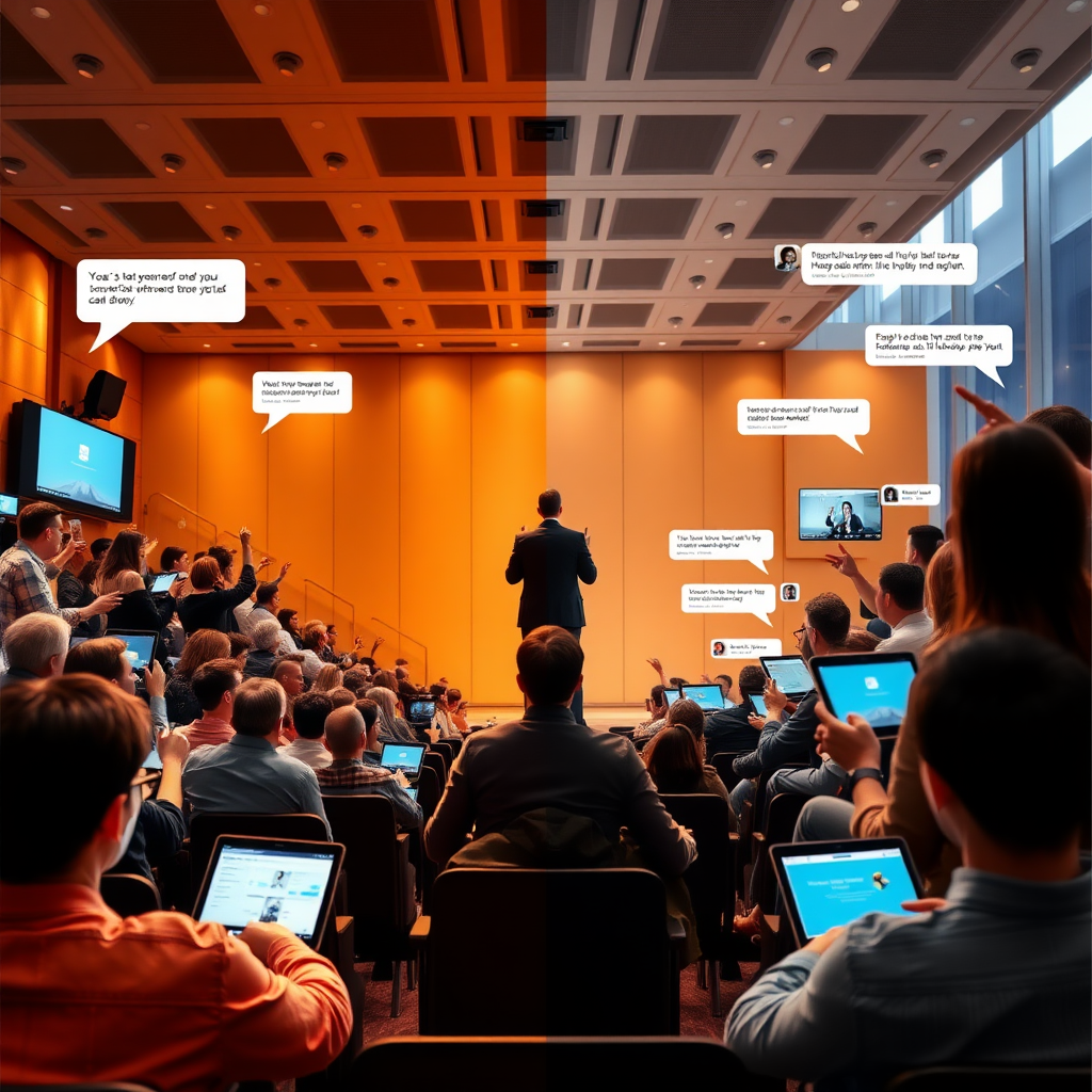 A visually striking split-screen image. First Person Perspective. On the left side, an in-person event scene with attendees seated in a modern auditorium, some raising hands or holding devices with screens illuminated. Speech bubbles appear above them with snippets of comments. On the right side, individuals from various locations watch the event on laptops, tablets, and phones, with chat messages appearing next to them. At the center, the two sides merge seamlessly where the host stands, showing all interactions converging into a unified live event.