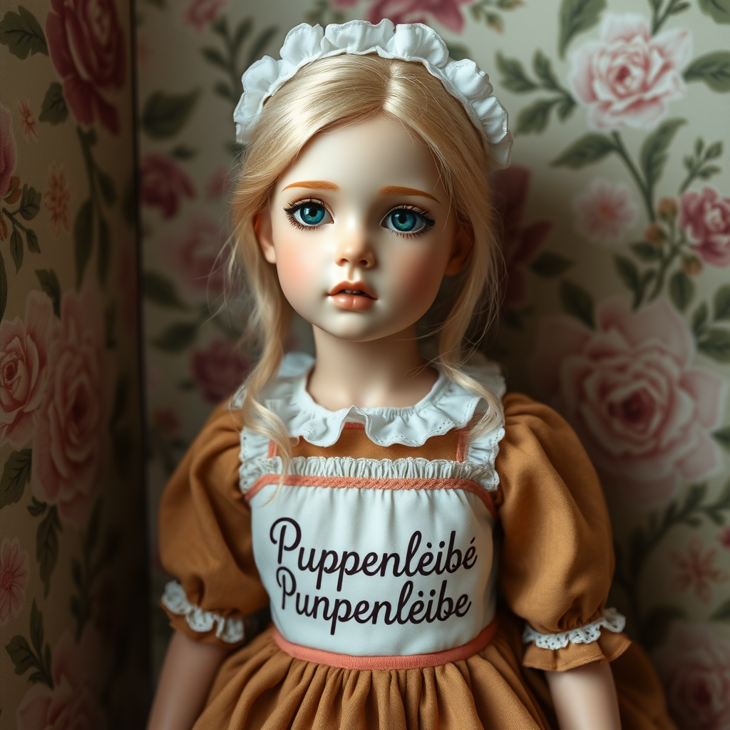 ooak art doll, artist doll, realistic doll, life-like porcelain doll, young preteen girl, unique personality, bisque doll, floral wallpaper, text "Puppenliebe" on dress