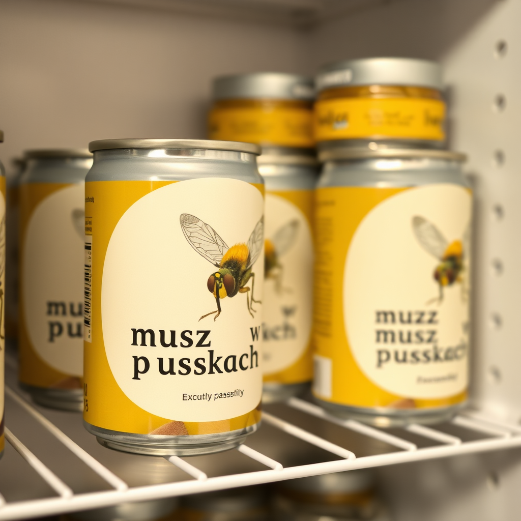 a small shelf with cans that have an image of home fly on the label and text saying exactly "musz w puszkach", with no errors or changes