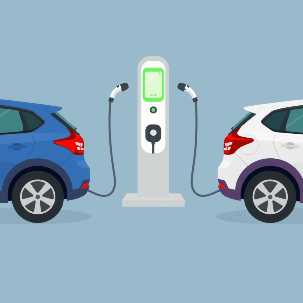 A simple flat illustration of an EV charger with two cars connected, one on each side, symmetrical.