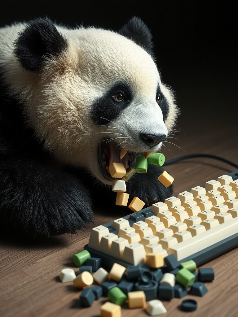 A photo realistic picture of a panda bear eating a computer keyboard. Individual keycaps from the keyboards dropping onto the floor from his mouth.