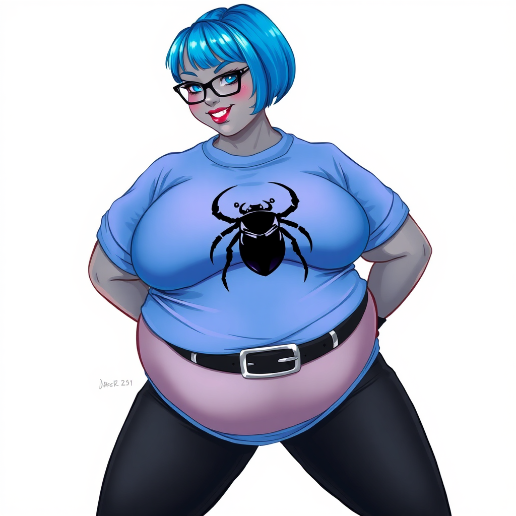 A 28-year-old, full-figured, metallic middle gray skinned computer program hybrid with a short maximum blue bob cut. She has a non-athletic build, highlighted by a prominent, round midsection (with a focus on her round belly). As a digital sidekick to her cyberpunk vigilante boyfriend, her middle gray metallic skin and maximum blue lipstick emphasize her digital nature. She wears a large, tight-fitting, maximum blue t-shirt (accentuating her belly) with a black chest icon of a beetle on its chest, black pants, a black belt with a sapphire scarab buckle, and black gloves. Her bright blue eyes, black eyeglasses, and shy smile with neon red blush accentuate her nerdiness. She bashfully bows her head with her hands behind her back, her t-shirt covers her midsection (especially her belly) and emphasizing her full-figured, non-athletic physique. She is on a solid white background. She is drawn as if she was in a retro 2D cyberpunk fighting game. She is clearly non-athletic, with a focus on her full figure. Make sure her t-shirt covers all of her bare skin (especially her midsection).