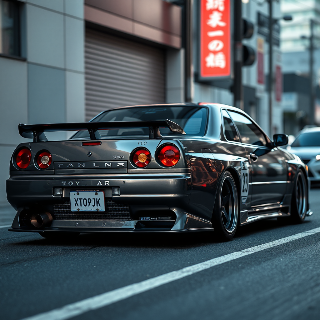 the car is parked on the side of the road, inspired by Taiyō Matsumoto, tumblr, restomod, nd4, c4 metallic shine nissan skyline r34 kalabalik tokyo gece arkaplan