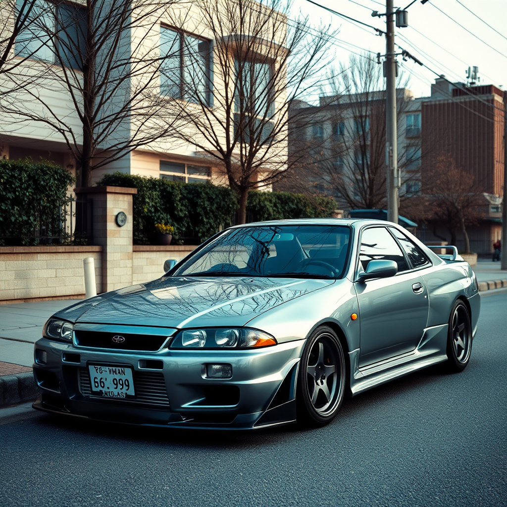 the car is parked on the side of the road, inspired by Taiyō Matsumoto, tumblr, restomod, nd4, c4 metallic shine nissan skyline r34