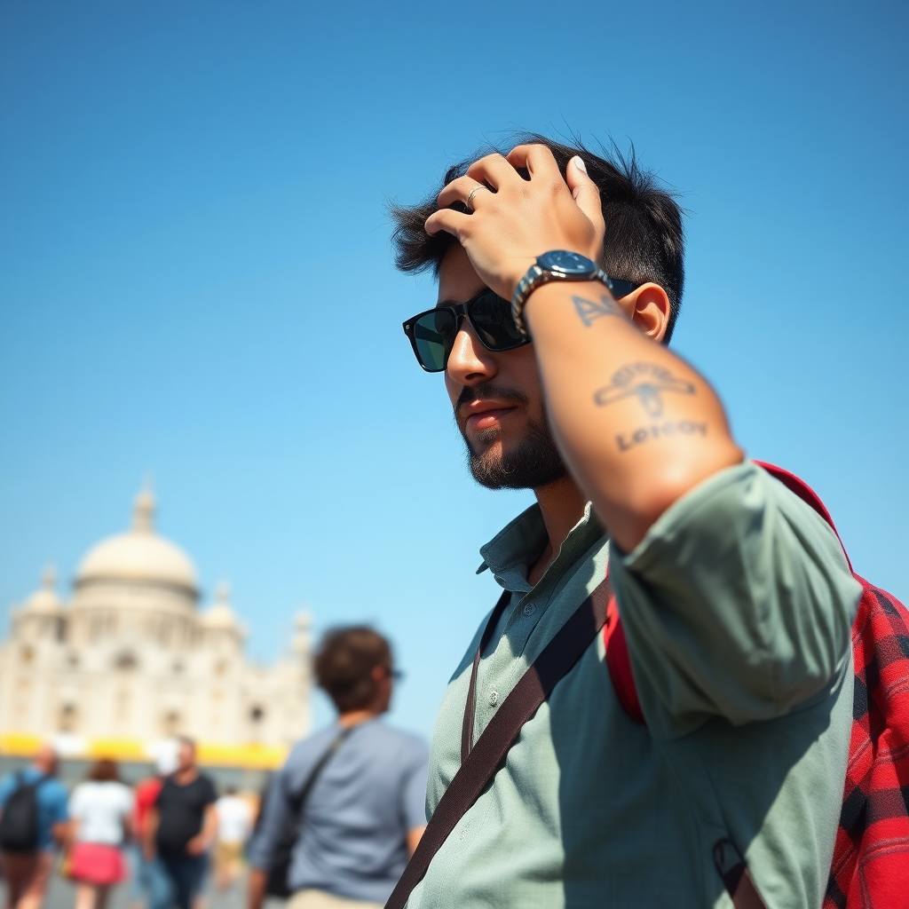 create a photo realistic image of a tourist who hold his head with his hand as if forgetting an important thing. Make the image rectangle and not square