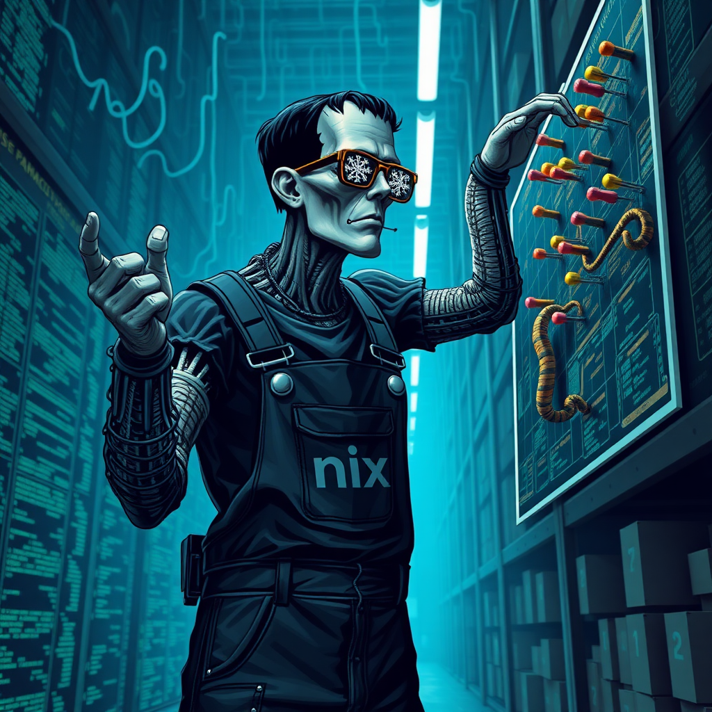 a cyberpunk frankenstein holding a map in one hand and reaching for marker pins on a high board in a data warehouse, his arms are pythons. In the background are streams of data. His Overall reads "nix". He wears glasses in shape of snowflakes.