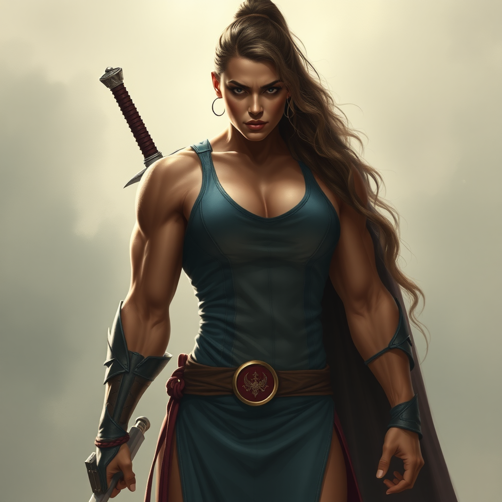 strong massive huge muscular bodybuilder girl, sleeveless dress, sword