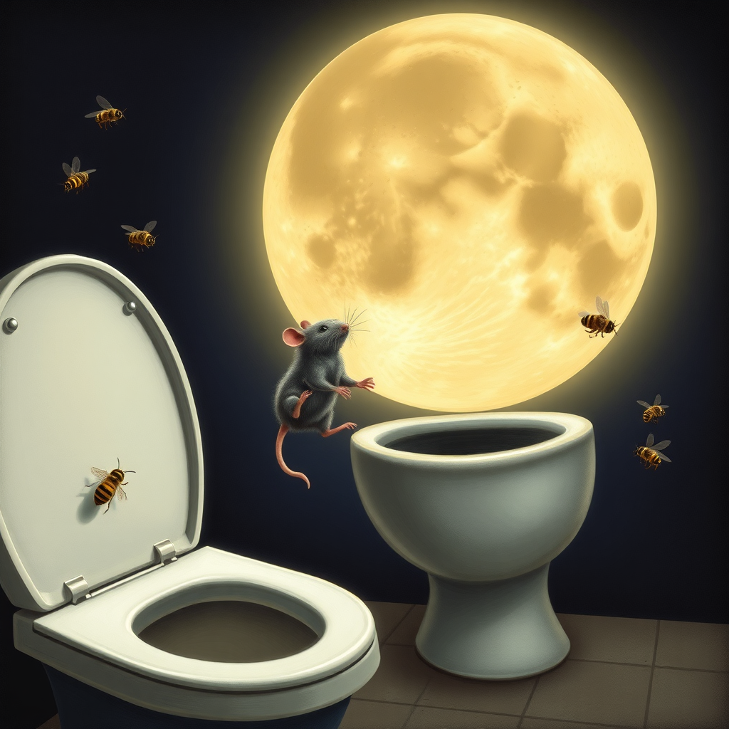 A rat diving off the moon into a toilet, bees