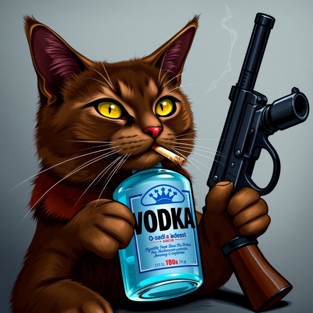 A dark brown cat with a bottle of vodka, a gun, and a cigarette in its mouth.