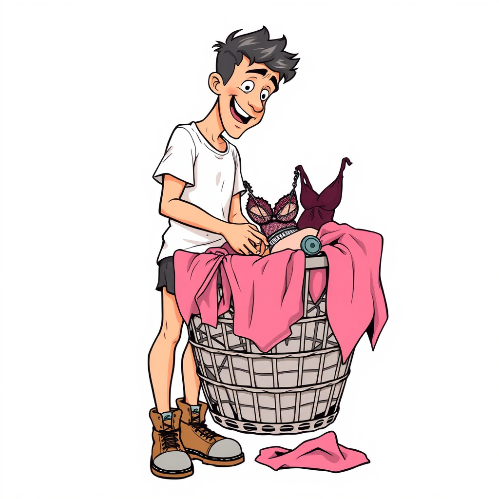 nervous short 20 year old european skinny man, short white t-shirt, standing, stunned, mesmerized, joyful, heavy drooling, fumbling through a dirty laundry basket full of sexy lingerie, detailed fabric, side view, safety shoes, detailed feet, 2D, caricature, cartoon, sketch lines, coloring book, coloring book,