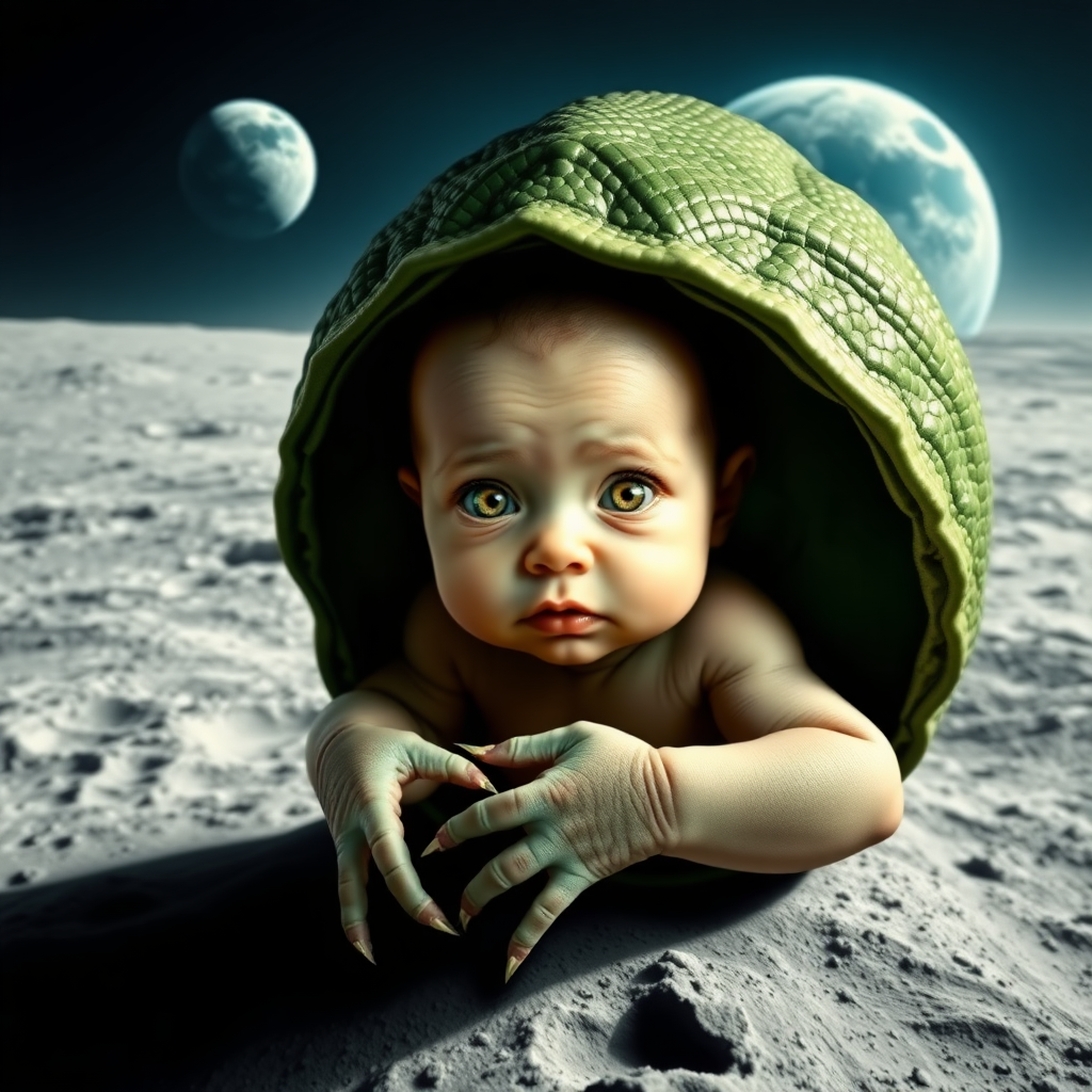 Create a photorealistic mix picture in Salvador Dali style. With a fresh newborn human baby hatching from what looks like a green reptile egg. Baby looks straight into the camera. Baby has extreme light yellow "alien" pupils. The baby has reptile hands with claws. Scene: Moon landscape. Behind you see the "Blue Earth."