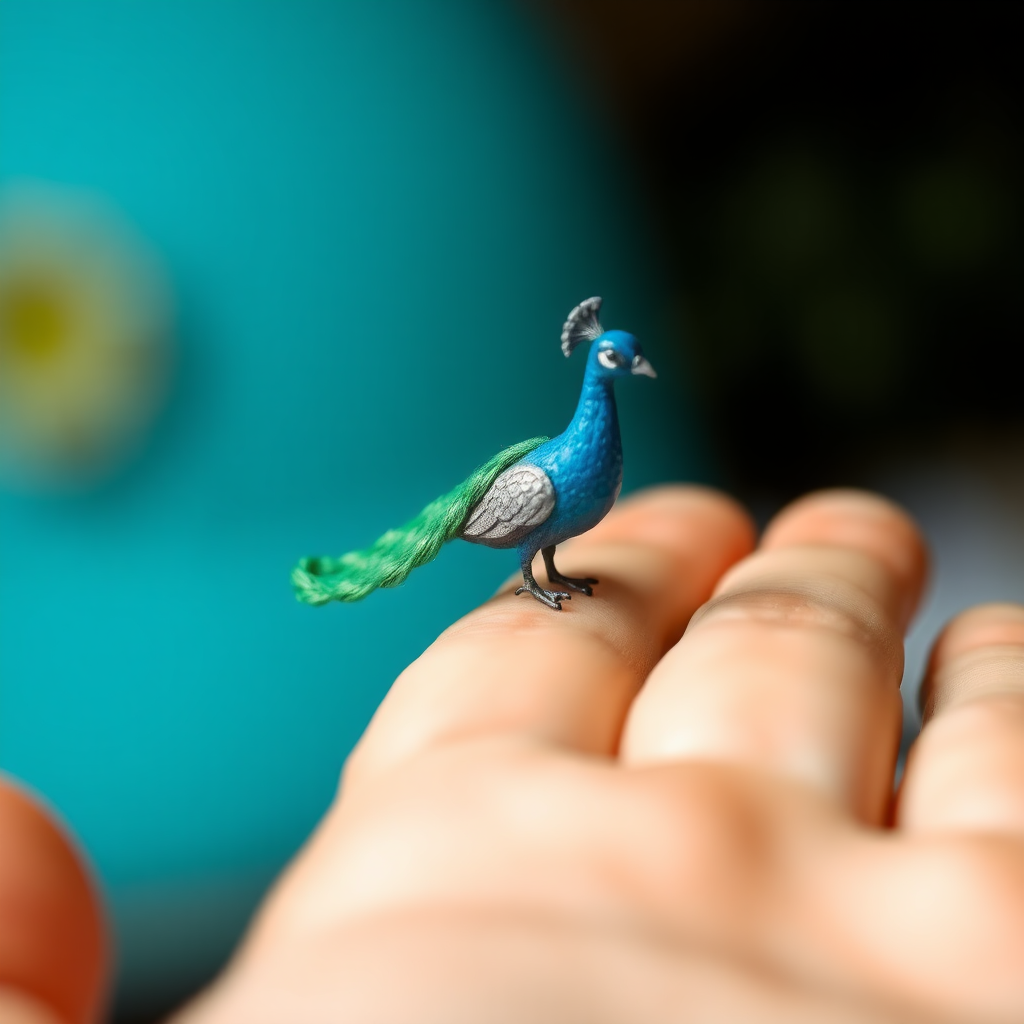 A small tiny miniatures blue peacock on hand