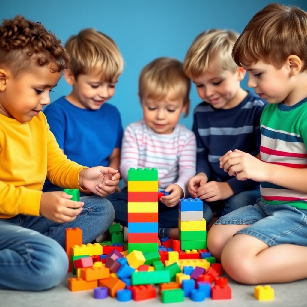 A group of 5 children with different body types playing with toy building blocks. The age of the children should be 10 years old, and the room in which they are playing should have blue-colored walls.