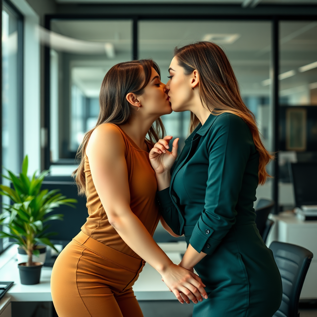 two attractive busty women kissing passionately in the office