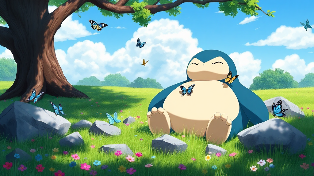 A digital illustration depicts a serene and relaxing scene set in a lush meadow under a bright blue sky with scattered white clouds. The central figure is Snorlax, a large, blue and white Pokémon character with a round body, closed eyes, and a content expression, sitting comfortably among rocks in a vibrant green grassy field. Snorlax's body is curved, and it rests its head on one of the gray rocks, with sunlight creating shadows on its rounded belly. Its arms and legs are spread out, with lighter beige fur visible on its paws. The meadow is scattered with small, colorful flowers in shades of pink, purple, and blue, creating a tapestry of colors across the landscape. Several butterflies of various sizes and colors, including blue, yellow, pink, and light green, are seen fluttering around Snorlax and resting on the rocks and grass. One butterfly is perched on Snorlax's head, while another is on its belly. The background features two large trees with thick, dark brown trunks and branches extending overhead, their leaves depicted in various shades of forest green, creating a canopy of shade. The sky above is clear and light blue, with soft, white clouds. The scene is brightly lit by natural sunlight, casting soft shadows and highlighting the vibrant colors of the landscape. The overall mood is peaceful and idyllic, enhanced by the high contrast, saturation, luminance, and the balanced exposure of the image. The composition follows the rule of thirds, with Snorlax placed slightly off-center to the left, creating a harmonious and visually appealing image that captures the essence of a tranquil moment in nature.