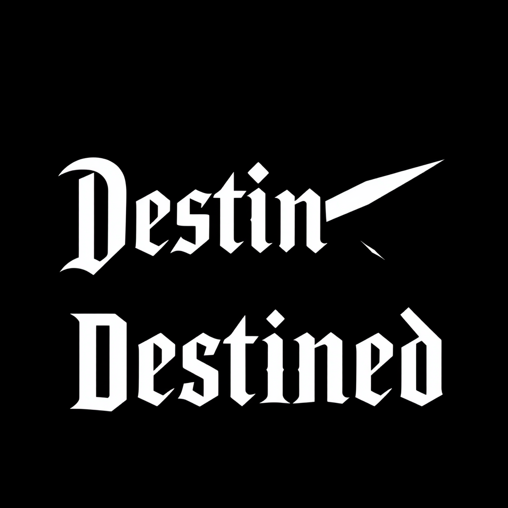 Slogan "Destined" with a sharp fort on a black background and with font