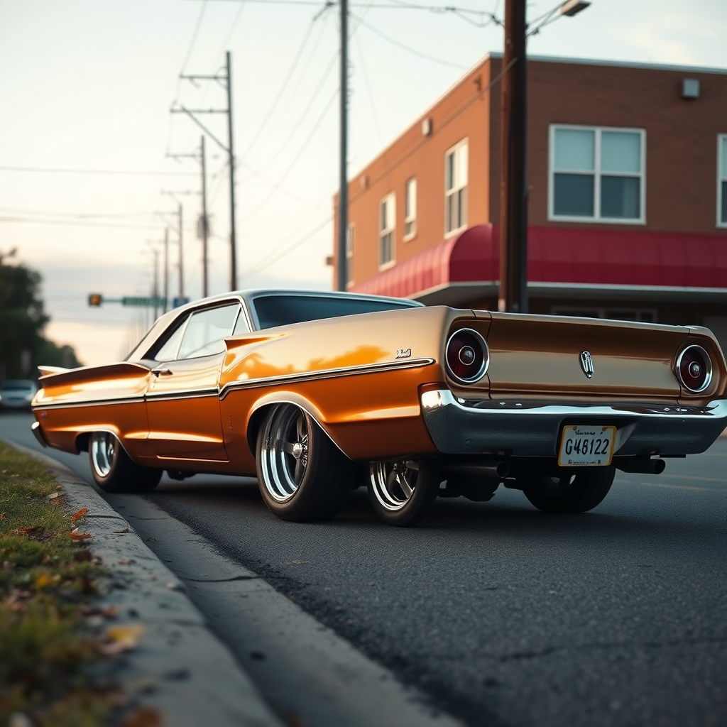 the drag car is parked on the side of the road, inspired by Taiyō Matsumoto, tumblr, restomod, nd4, c4 metallic shine classic american low rider ford