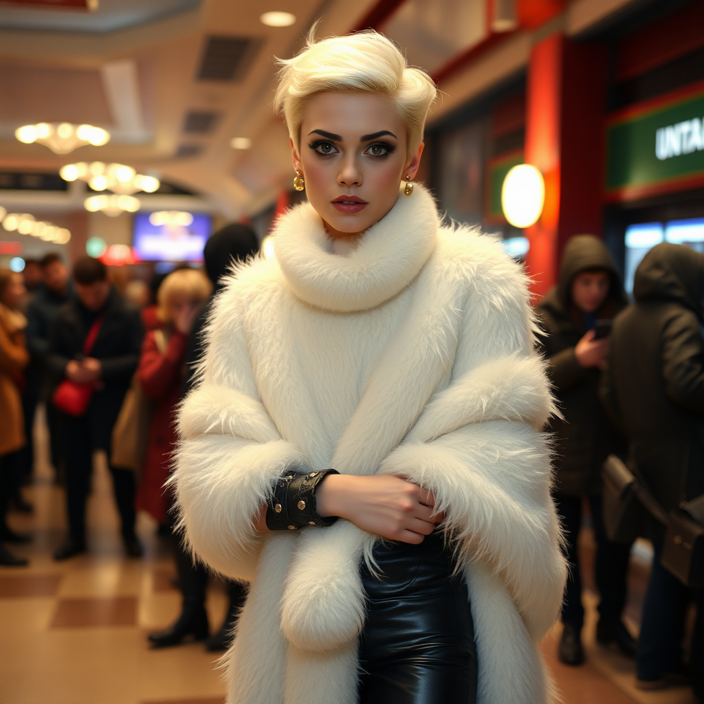 1990 winter evening, crowded cinema lobby: Sam, 19 years old beautiful involuntary femboy, rebellious intractable character, petite boyish figure, platinum blond boyish rebel punk hairstyle, flawless heavily made-up face with sharp arched tattooed eyebrows, wearing Supertanya-style fluffy very fuzzy bright white angora long turtleneck-poncho fully covering body and arms, black leather high-heeled thigh-high boots, gold earrings, puzzled alarmed, pout serious, impatiently waiting for her master. Full view, focus on Sam’s face and turtleneck-poncho.