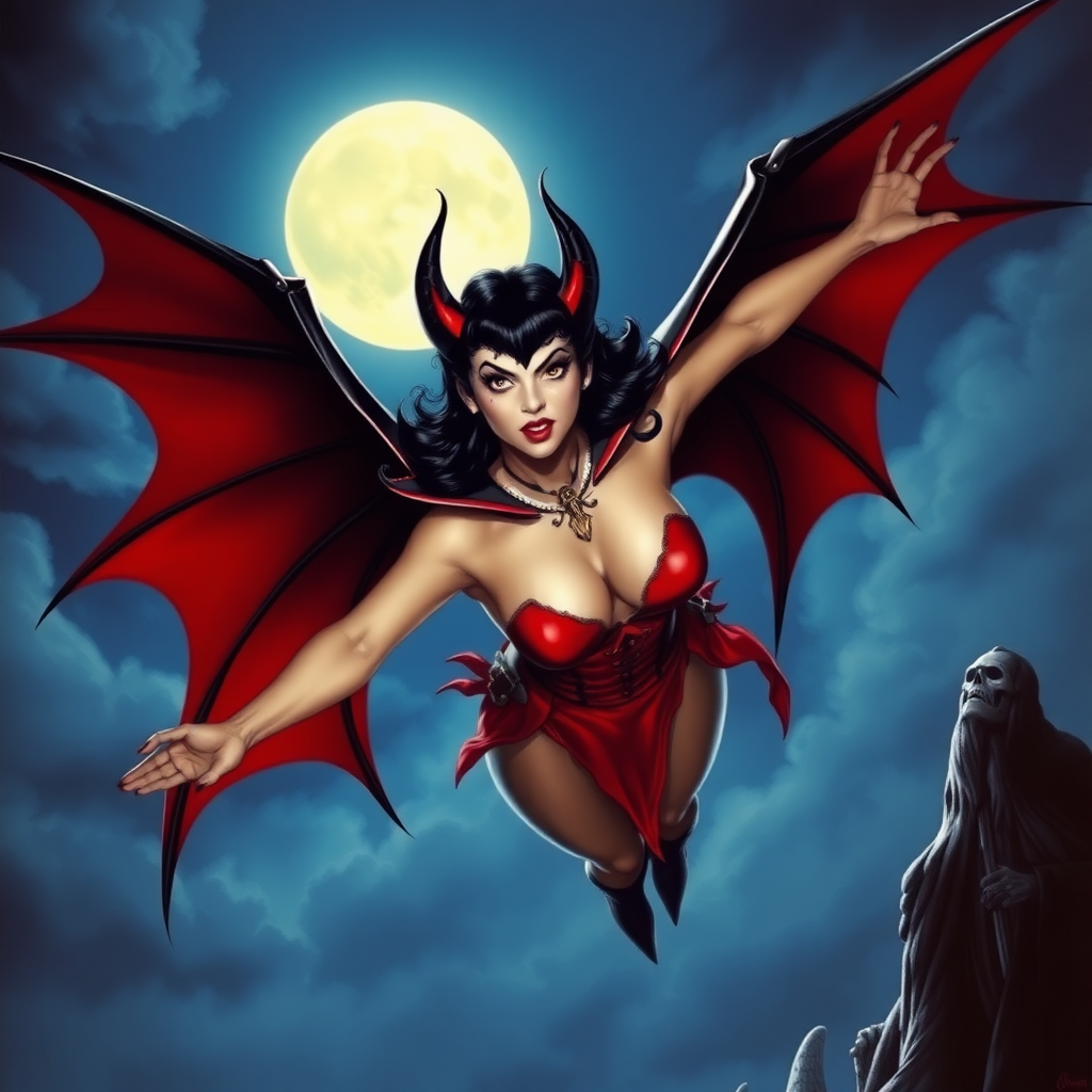 Imagine: Vampirella staring wickedly; her outfit is designed to entice. She's flying high in a dark, moonlit sky. The scene is terrifying with the art styling of Brian Froud. Cosplayed by a young Drew Barrymore.