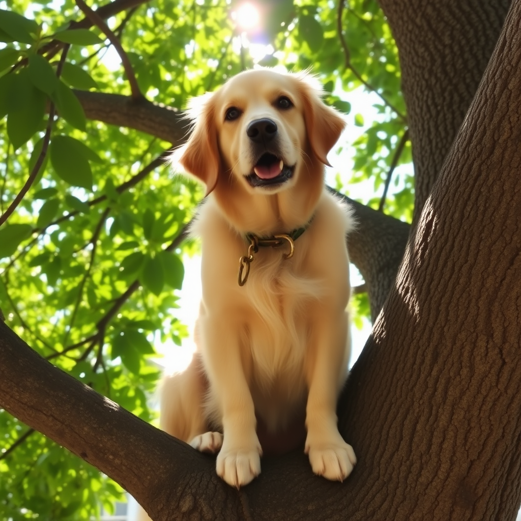 (A golden retriever dog) sitting on a thick tree branch, (surrounded by green leaves and sunlight filtering through), with a curious and playful expression on its face.