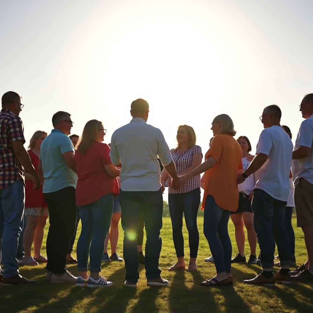 a group of men and women standing in a circle. everyone is holding hands with each neighbor. in the background there is the sun.