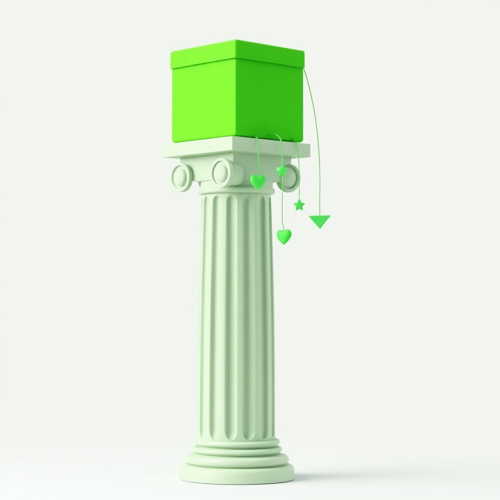 A minimalistic Greek column with the traditional fluted design for the bottom part. On top of the column is a vibrant, neon green box serving as the capital. Hanging from the box are cute, quirky objects, all in the same bright green color, such as tiny hearts, stars, and abstract shapes. The composition is simple, yet blends elements of surrealism, cuteness, and weirdness in a clean, minimal style.