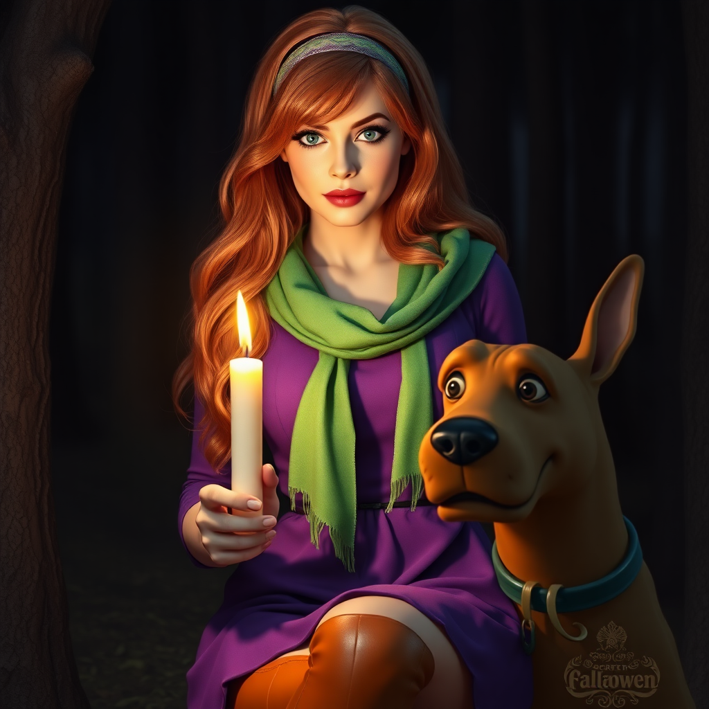 masterpiece, full body Daphne Blake, looks like Sarah Michelle Gellar, hyper realistic, realistic face, detailed face, wears headband and purple dress and green scarf, high boots, long red hair, is holding a lit up candle in the dark, next to a realistic dog that looks like Scooby Doo. She is in a very dark creepy forest, halloween atmosphere. Marvelous, awesome, beautiful. Perfect hands, high detailed face, detailed skin, perfect eyes, eyeliner, large lashes, 60s look style, sexy, spicy look, scooby doo, front view, glitter