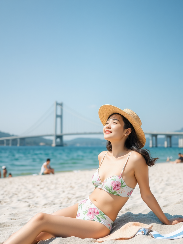 Please show a photo of a Korean woman in a floral bikini enjoying sunbathing at Gwangalli Beach with the Gwangandaegyo Bridge in the background.