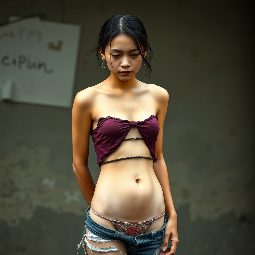 A young, degraded, unkempt, neglected, homeless, unhygienic, and slightly undernourished Asian woman, who seems not to belong to this world, is depicted as a complete person with maximum allowable nudity, as if she were alone in the world. She is largely portrayed without clothing because she is slim and has an athletic body. Her sad, hopeless, and mystical expression is meant to dominate the image. Her skin is healthy but impure, as she has not been able to wash for days. Fear of her possible unpleasant smell further intensifies her sense of shame! The Asian woman wears a torn, old, completely transparent, extremely short, and midriff-baring top and a completely tattered, ripped, old pair of shorts. A deep sense of shame is clearly visible on her face. No smile is apparent. She is immensely ashamed. Her small and inconspicuous belly button is always visible. The Asian woman has a very beautiful, normal, youthful, yet feminine body structure. Her slim figure is enviable! She has a noticeable wound on her face and looks as if she is about to cry. She appears miserable, sad, and utterly hopeless! It seems she is afraid of something! Facing her is a 60-year-old German man. The German man, who still looks youthful and well-groomed, gazes at the Asian woman as if to offer her his help. The German man is shaved and slim, has a normal fashionable haircut, and his hair is dark brown. He is wearing a new, nice but simple burgundy shirt with a subtle pattern and new dark blue jeans. The German man looks sympathetic, offers a faint smile, and gazes at the Asian woman kindly, as if he feels great pity for her. The Asian woman cannot look the German man in the eyes due to her shame, but it is evident that she likes him.