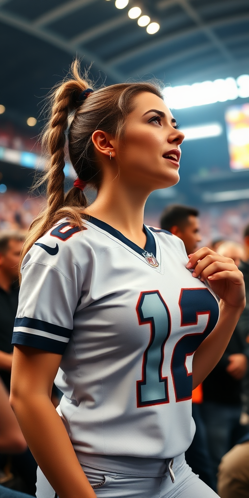 Attractive female NFL fan, pigtail hair, jersey, big breasts, reacting to intense moment, inside crowded stadium