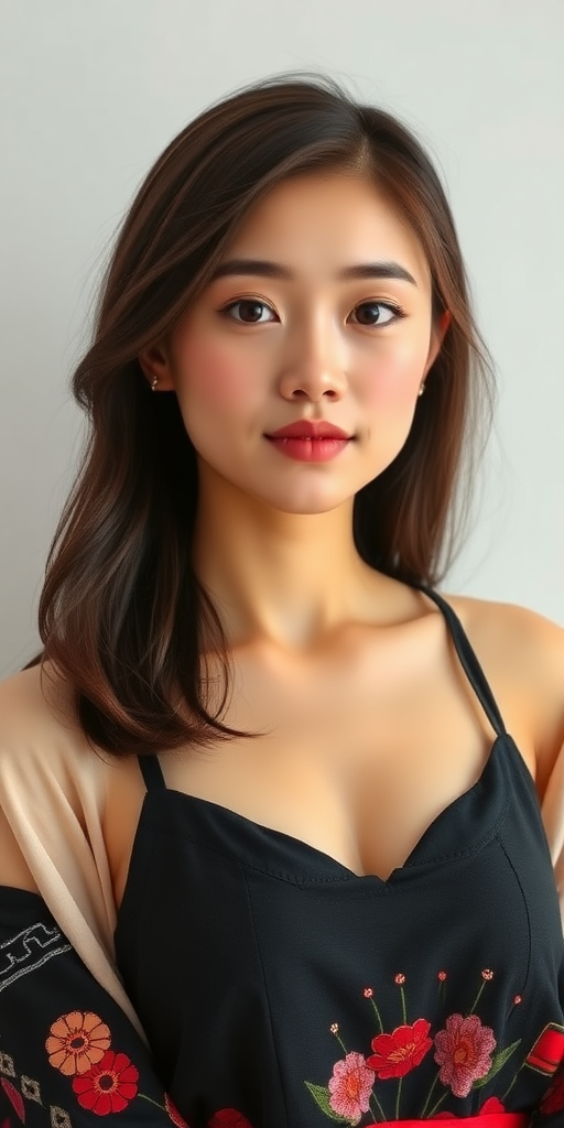 A young Japanese woman, beautiful, with a full figure, an oval face, and small eyes.