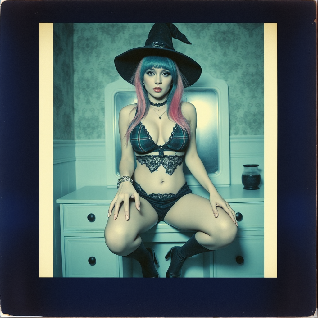 can of an old polaroid photo with heavy dark vignetting and a blue color tint to the photograph and visible light leaks. The photo depicts a sexy alt goth woman with pale skin and brightly colored dyed hair. She has large breasts with ample cleavage and is wearing a plaid bra with triangle shaped cups. She is wearing a witch hat. The image looks hazy and grungy. She is in an old house with wallpaper on the walls. Dark lighting with camera flash used. Candid. she is wearing a tiny revealing lace thong and a tight miniskirt. She is sitting on a builtin vanity with a mirror with her knees spread apart. She is wearing black high heels