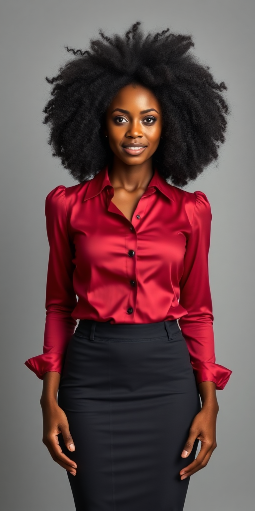 a fullbody photo of a very busty african woman with an afro wearing a tight blouse and a pencil skirt, standing