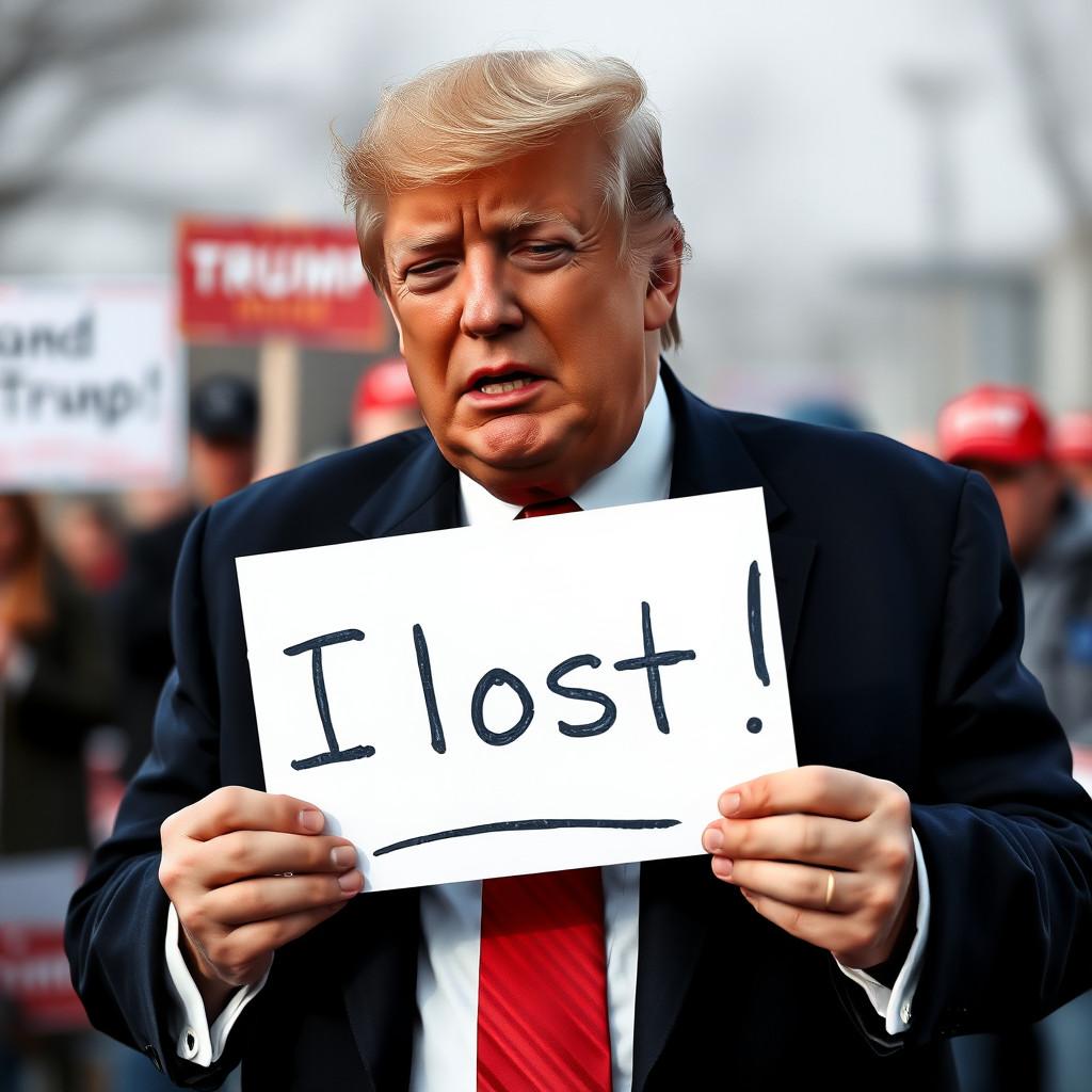 crying donald trump holding a sign saying "I lost"