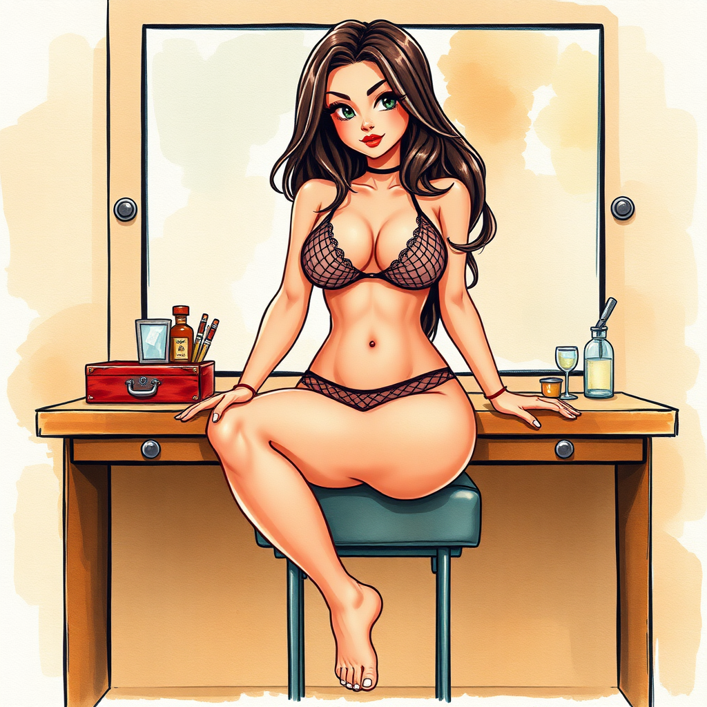 digital watercolor painting illustration with realistic paper texture, depicting western cartoon style sexy cartoon girl in revealing micro mesh bikini gstring thong sitting on built in vanity with knees parted to reveal panties