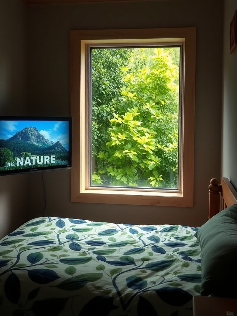 Next to a small window is a wooden bed, and outside the window is a lush green forest. A documentary about nature is playing on the television, and the bedsheet has a leaf pattern, giving the whole scene a serene feeling of being one with nature. Rich in detail, realistic, and true.