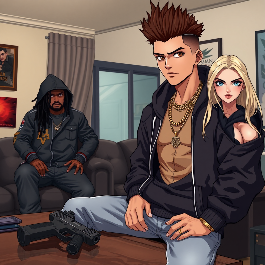 Anime background of a gang-living room, A handsome young-adult latino male, brown-dark fohawk hair, hazel eyes, skinny, wearing a swagger hoodie, sagging jeans, 4 necklaces gold around neck, gun on table, there is also a black-male thug with dreadlocks, there is also a sexy-blond girl with large breast and blue eyes wearing a black-hoodie and red-firey lips.