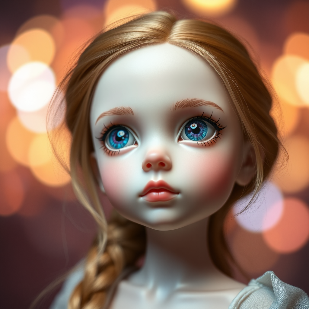 preteen artists doll, cute, interesting, bisque porcelain doll, bjd, collectors doll, looking up dreaming, Bokeh, abstract, brilliant colors, glittering, translucent, mother of pearl, opal, iridescent, natural skin, glowing, artistic photo, wide angle, full body